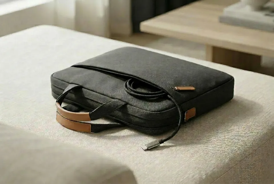 Câble management bureau minimaliste avec câble MagCord noir tressé parfaitement enroulé sur un bureau en bois