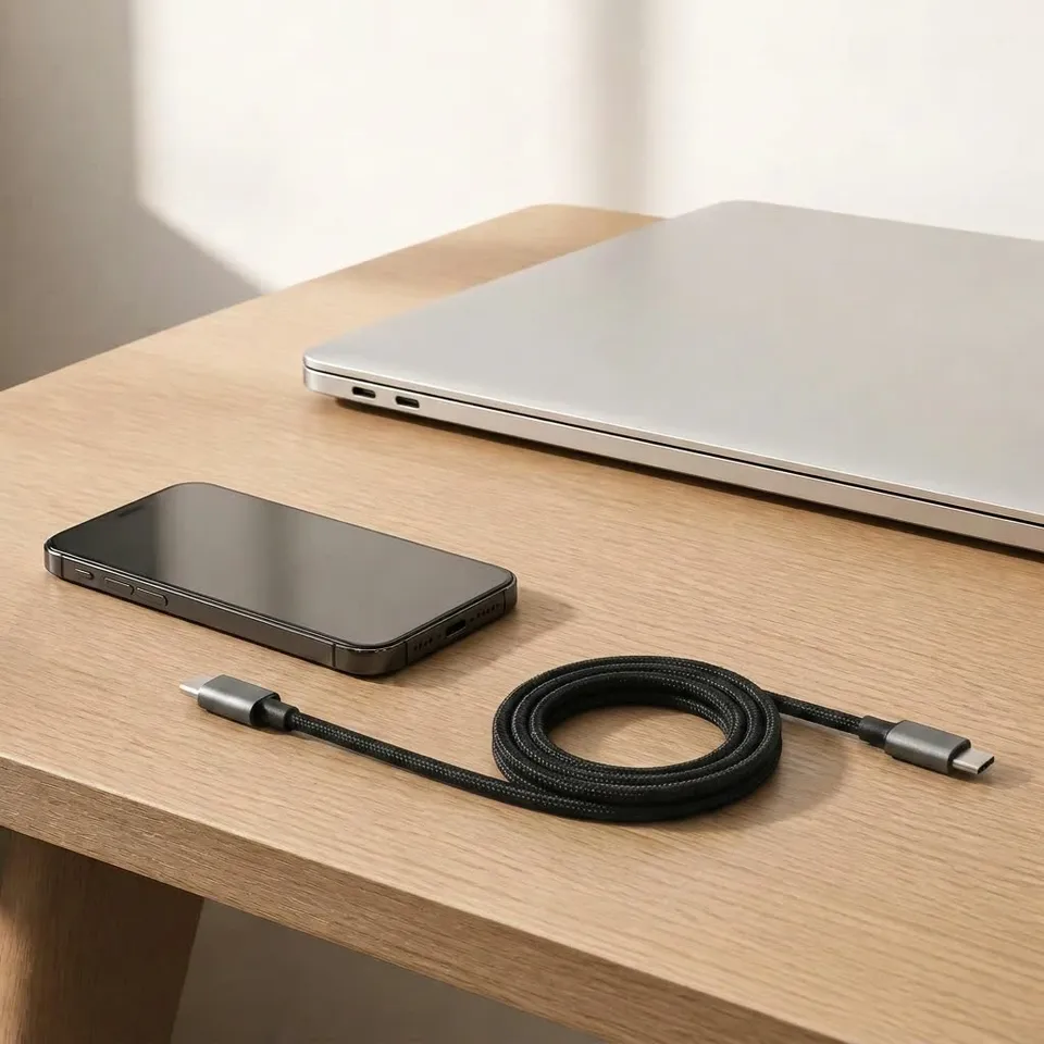 Bureau minimaliste en chêne clair : MacBook fermé, iPhone et câble magnétique MagCord noir tressé parfaitement enroulé — le silence visuel