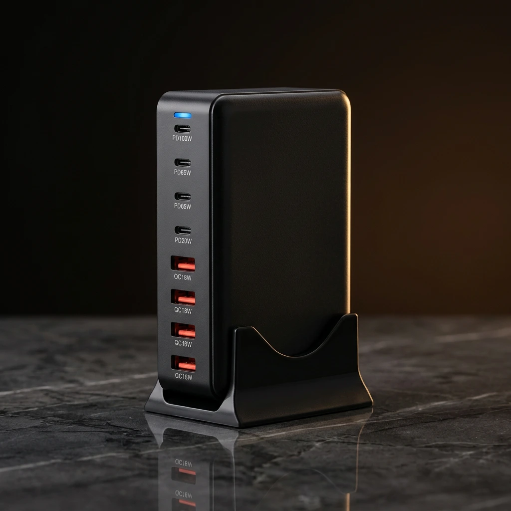 Câble management bureau minimaliste avec MagStation 320W sur un bureau en chêne clair et MacBook à proximité